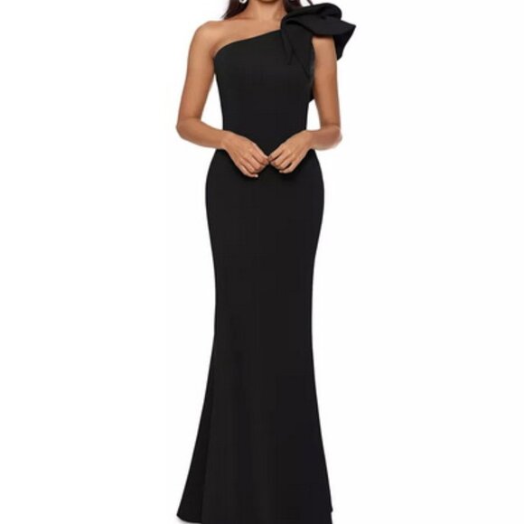 Betsy & Adam Black Ruffle One-Shoulder Trumpet Gown - Picture 2 of 3